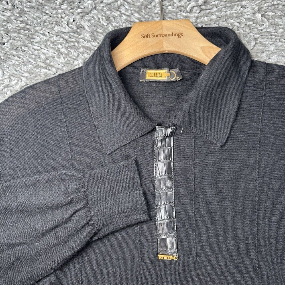 Zilli 1/4 Zip Polo Mens 50 Black Cashmere Silk Blend Long Sleeve Golf Italy Work
